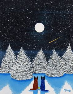 two dogs are sitting in the snow looking at the stars