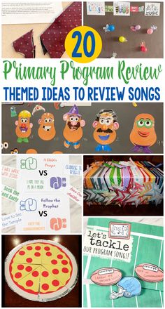 several different pictures with the words, 20 primary program review themes to review songs