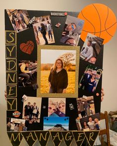 a collage of photos and pictures is displayed on a table with an orange ball