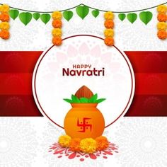 a happy navratri greeting card with an orange pot and pomegranates