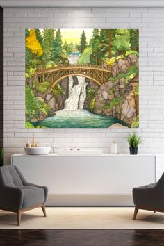 Waterfall  cascade watercolor woodland forest mountain creek Rock trail hike falls landscape Spa Office, Watercolor Woodland, Home Decor Painting, Forest Mountain, Woodland Forest, Classic Paintings