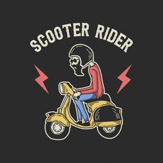 a skeleton riding a scooter with the words scooter rider on it