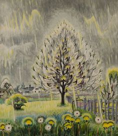 a painting of a tree in the middle of a field with yellow dandelions