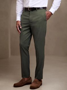 Tailored-Fit Herringbone Dobby Suit Trouser | Banana Republic Factory Fitted Herringbone Pants For Workwear, Tailored Herringbone Pattern Pants For Business Casual, Fitted Herringbone Workwear Bottoms, Fitted Herringbone Pattern Bottoms For Work, Fitted Herringbone Pattern Bottoms For Workwear, Formal Fitted Bottoms With Herringbone Pattern, Green Trousers Outfit Men, Cleaner Aesthetic, Green Trousers Outfit