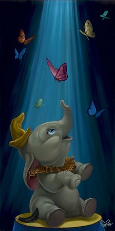 an elephant sitting on top of a table under a blue sky with butterflies flying around