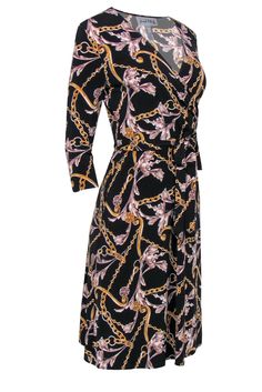 Get glam in a chain printed piece with this faux wrap dress from Joseph Ribkoff! Made with a cropped sleeve, this is the perfect piece to wear with pumps to your next special occasion or switch it up at work with a fun piece. Size 4 96% Polyester, 4% Elastane Fitted, faux wrap silhouette V-neckline Three-quarter sleeves Material provides stretch Waist 22" Bust 32" Total length 40" French Girl Chic, Get Glam, Chic Shop, Buy Shoes Online, Joseph Ribkoff, Black Chain, French Girl, Faux Wrap Dress, Touch Up