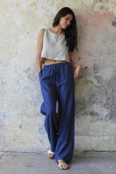 Linen and cotton blend loose fit pants with pockets for women. Perfect summer outfit for women. Pants For Tall Women, Wide Leg Cotton Pants, Crop Top Styles, Blue Linen Pants, Indigo Linen, Linen Drawstring Pants, Linen Top Women, Linen Crop Top, Linen Blend Pants