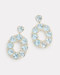 18K Yellow Gold Oval Earring with Pear Shaped Sky Blue Topaz and Diamonds, 1 TCW1 5/8 Inch Long x 1 1/8 Inch Wide Style# YEBSSBW Luxury Oval Blue Topaz Earrings, Sky Blue Earrings, Gold Oval Earrings, Oval Earring, Sky Blue Topaz, Opal Earrings, Earrings Statement, Bracelet Collection, Gems Jewelry