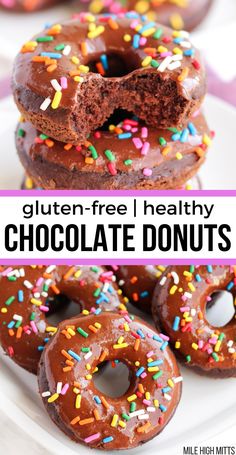 chocolate donuts stacked on top of each other with the words gluten - free i healthy chocolate donuts