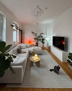 a living room filled with furniture and a cat sitting on the floor next to it