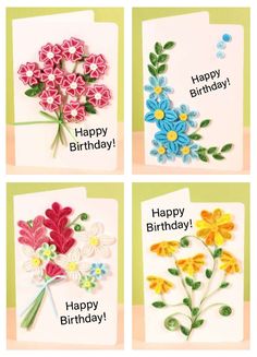 four greeting cards with flowers and the words happy birthday