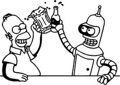 the simpsons character drinking beer and another cartoon character sitting at a table with their arms in the air