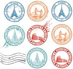 stamps with the names of cities in different colors and shapes, including the eiffel tower