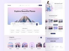 an image of a website page with the word explore beautiful places in purple and white