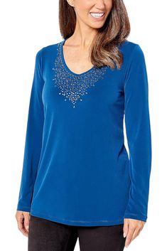 #ad Great shopping ideas for Susan Graver Occasions Liquid Knit Embellished V-Neck Top Gem Blue, Fashion women's top Susan Graver, V Neck Tops, Blue Fashion, 8 Plus, Fashion Clothing, Gems, Fashion Outfits, V Neck