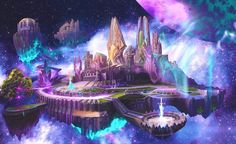 a futuristic city floating in the air surrounded by stars