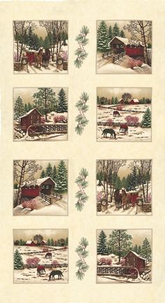 four pictures of horses in the snow with trees around them and a barn behind it