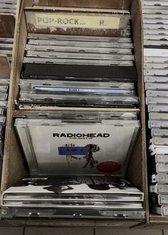 an old record rack full of various records