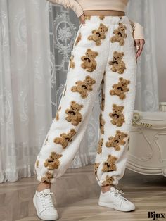 Bjux - Premium Plus Size Sleepwear Bottoms for Women - Stylish Cartoon Bear Patterned Flannel Joggers for Warm and Cozy Home Wear Cozy Winter Pants For Pajama Party, Cozy Bottoms For Winter Sleepover, Cozy Winter Pajama Party Pants, Cozy Bottoms For Sleepover In Winter, Cozy White Sleep Pants, Bottoms For Women, Plus Size Sleepwear, Cartoon Bear, Home Wear