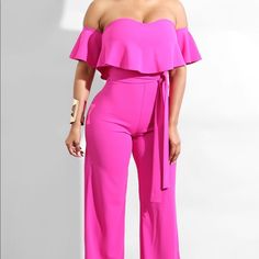 Off Shoulder Fuchsia/Hot Pink, Wide Leg, Jumpsuit, Stretch Material, Never Worn Pink Stretch Jumpsuits And Rompers For Spring, Pink Strapless Jumpsuit For Spring Party, Spring Party Pink Strapless Jumpsuit, Pink Fitted Strapless Jumpsuit For Spring, Chic Pink Stretch Strapless Jumpsuit, Pink Fitted Strapless Jumpsuit Casual Style, Pink Fitted Casual Strapless Jumpsuit, Pink Fitted Strapless Casual Jumpsuit, Casual Pink Fitted Strapless Jumpsuit