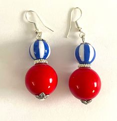 Red, Blue and White Stripe Bead Earrings.  Who doesn't love red, white and blue.  Great fashion statement. Blue Patriotic Beaded Earrings As Gift, Patriotic Blue Beaded Earrings As Gift, Red Patriotic Beaded Earrings, Patriotic Blue Beaded Earrings, Handmade Blue Patriotic Earrings, Adjustable Red Patriotic Earrings, Blue Patriotic Drop Earrings, Patriotic Blue Drop Earrings, Blue Patriotic Summer Jewelry