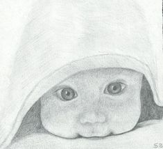 a pencil drawing of a baby peeking out from under a blanket