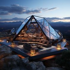 an outdoor living area on top of a mountain