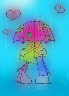 a drawing of two people hugging under an umbrella in the rain with hearts floating around