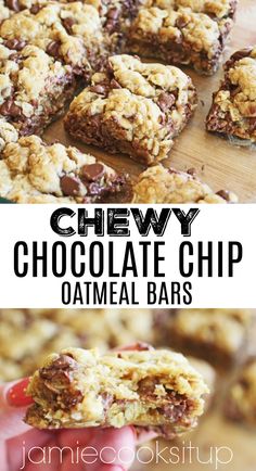 chewy chocolate chip oatmeal bars are stacked on top of each other