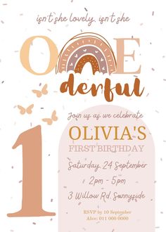 the first birthday party card for onederful with an image of a cake and butterflies