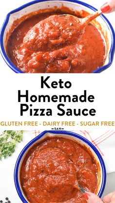 keto homemade pizza sauce in a blue bowl with text overlay that reads, keto homemade pizza sauce gluten free dairy free and sugar free