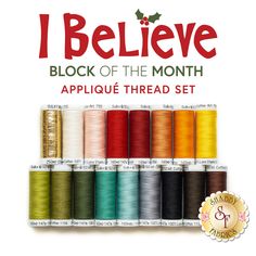 This is the coordinating 17pc Applique Thread Set for the I Believe Quilt BOM! This Set Includes: Sixteen (16) Sulky 50wt Cotton Spools (Colors: 1005, 1130, 1056, 0169, 1131, 1039, 1156, 1205, 1271, 1015, 1815, 1124, 1295, 0640, 1071, 1238) One (1) Sulky Sliver Metallic Spool (Color: 8003) Pam Buda, Texture Words, Laser Cut Kit, Laundry Basket Quilts, Birdhouse Designs, Marcus Fabric, Applique Kit, Basket Quilt, Shabby Fabrics