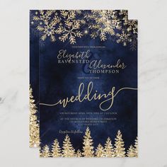 a wedding card with snowflakes on it and the word, wedding written in gold foil