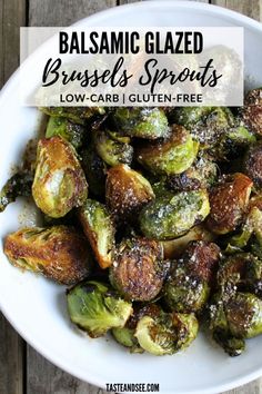 balsamic glazed brussel sprouts in a white bowl on a wooden table