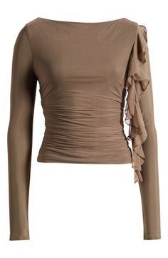 A cascading ruffle adds delicate drama to a ruched-to-fit top cut from airy mesh. 19" length (size Medium) Ballet neck Long sleeves Lined 85% polyamide, 15% elastane Dry clean Imported