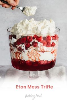 someone is spooning some food out of a trifle in a glass dish with the words, epson mess trifle