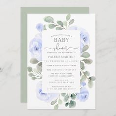 a baby shower is shown with blue flowers and greenery on the front, and green leaves on the back