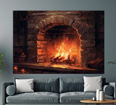 a living room with a couch, fireplace and painting on the wall above it's fire place