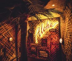 a palm tree in front of a sign that says aloh