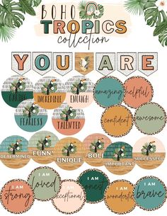 a poster with the words you are surrounded by tropical leaves