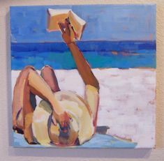 a painting of a woman laying on the beach with her legs up in the air