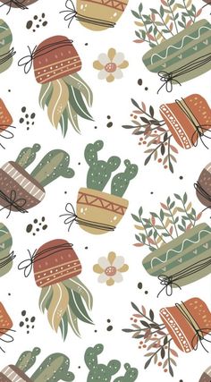 an image of cactus hats and flowers on a white background, seamless fabric pattern