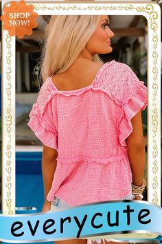 Pink Eyelet Lace Patchwork Frayed Crinkle Blouse Lace Patchwork, Color Pick, Eyelet Lace, Women Tops, Blouses For Women, Shirt Blouses, Top Blouse, Blouses, Womens Tops