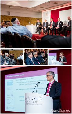 several pictures of people in suits and ties at a business meeting, with one man giving a speech