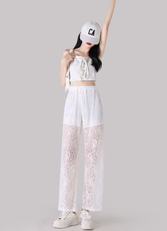 White Lace Summer Pants | Nayeon - Twice M Casual White Party Pants, Casual White Pants For Party, Camouflage Cargo Pants, Fashion Chingu, Black Jogger Pants, Nayeon Twice, Summer Pants, Black Joggers, Black Side