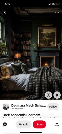 the bedroom is decorated in dark green and has pictures on the wall, along with bookshelves