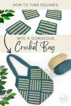 the crochet bag is made with yarn and has four different patterns on it