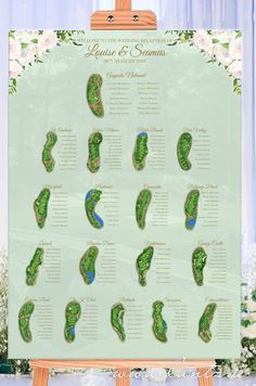 a wedding seating chart with golf shoes on it