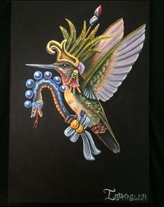 a painting of a bird on a black background