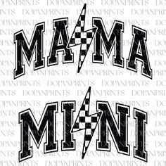 the words mama and mini in black on a white background with checkerboard pattern